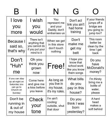 Black Mama Sayings Bingo Card