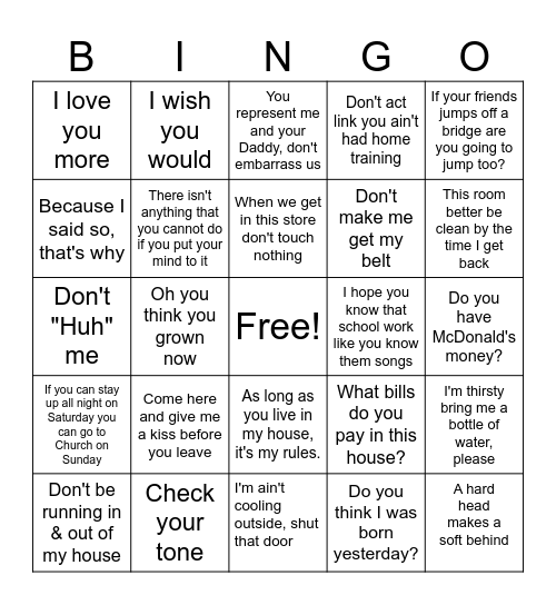 Black Mama Sayings Bingo Card