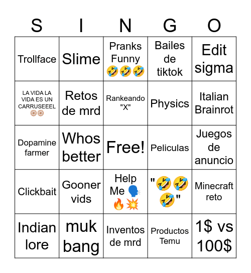 youtube shorts ahh bingo Card