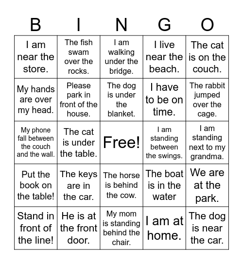 Preposition BINGO Card