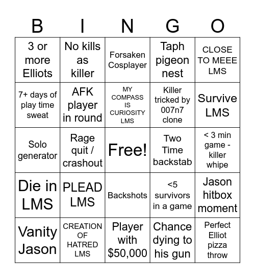 Forsaken Bingo Card