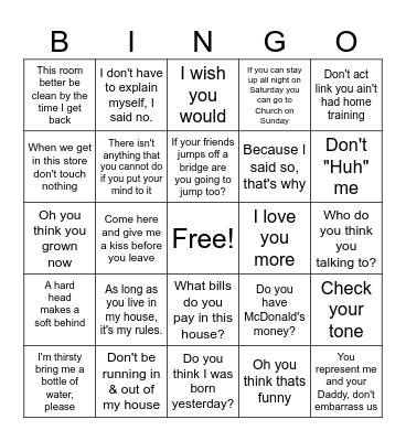 Black Mama Sayings Bingo Card