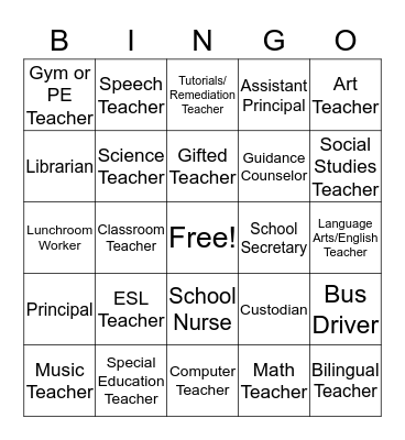 School Personnel Bingo Card
