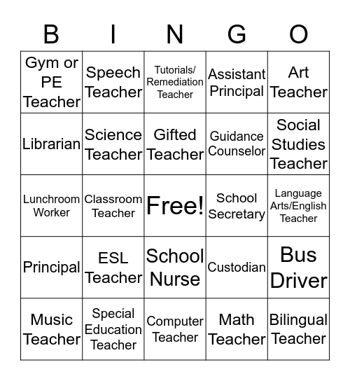 School Personnel Bingo Card