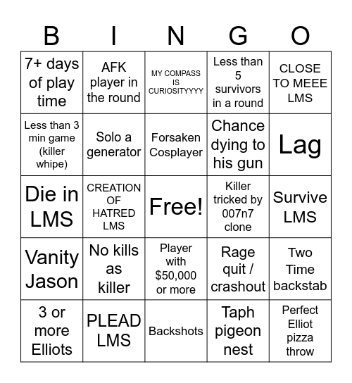 Forsaken Bingo Card
