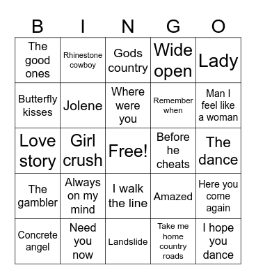Country songs Bingo Card
