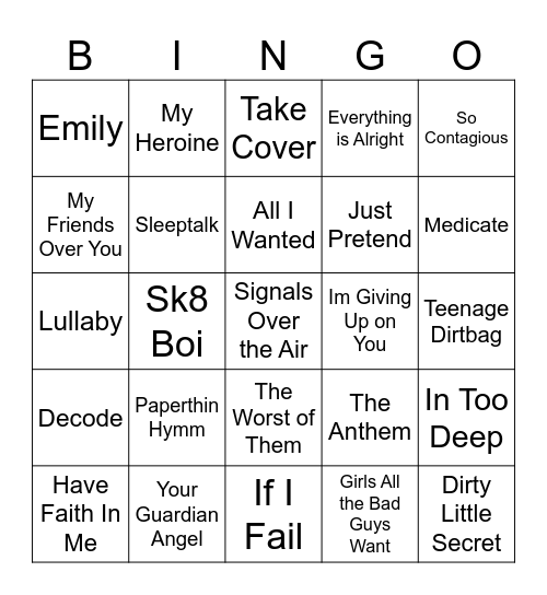 Emo Bingo 4 Bingo Card