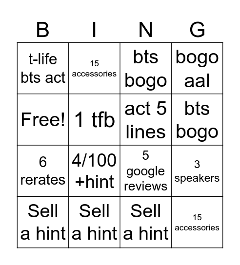 The Amanda Special Bingo Card