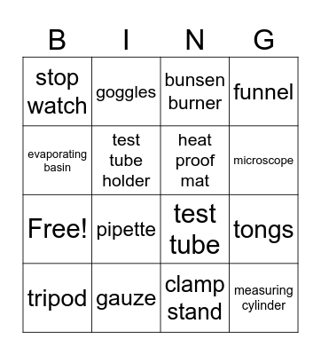 Science Equipment Bingo Card