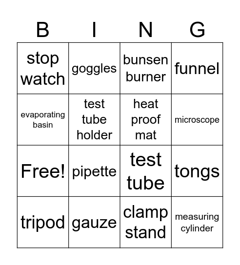 Science Equipment Bingo Card