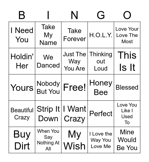 Love Songs Bingo Card