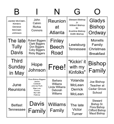 Bishop Davis Williams Reunion Bingo Card