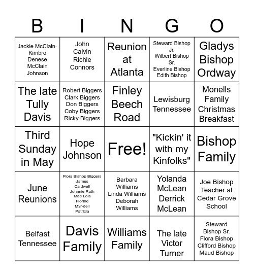 Bishop Davis Williams Reunion Bingo Card