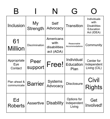 Disability Bingo Card
