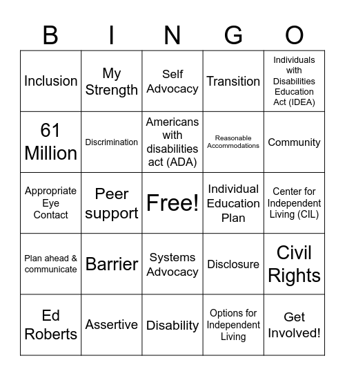 Disability Bingo Card
