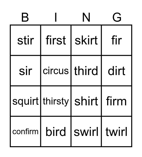 IR words Bingo Card
