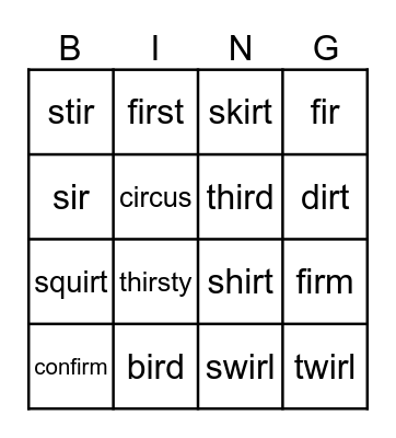 IR words Bingo Card