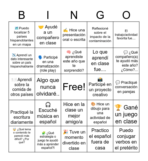 BINGO DE RECUERDOS Bingo Card