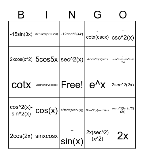 Calculus Bingo Card