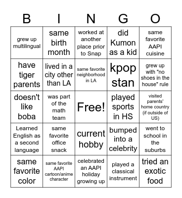 SnapAsia Bingo Card