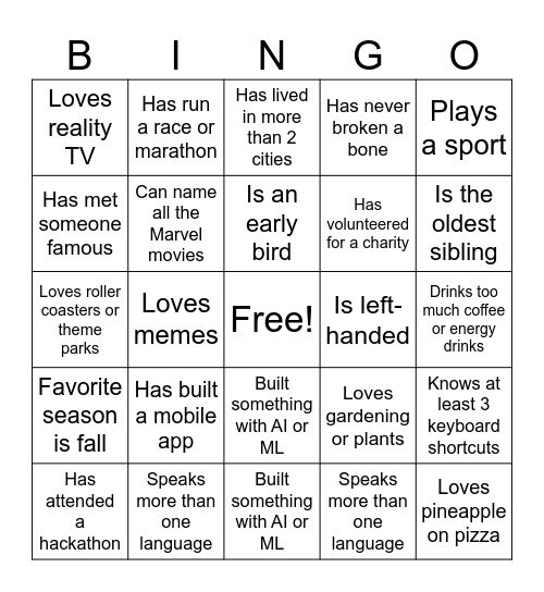 Evisions Internship Bingo Card