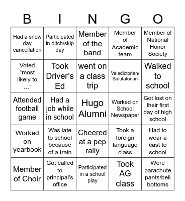 Hugo Alumni:  High School Memories Bingo Card