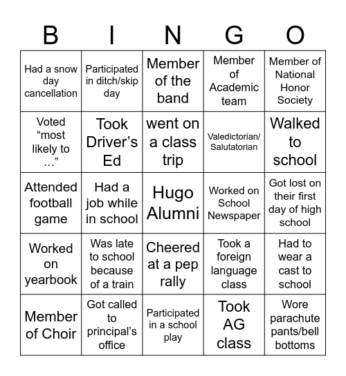 Hugo Alumni:  High School Memories Bingo Card