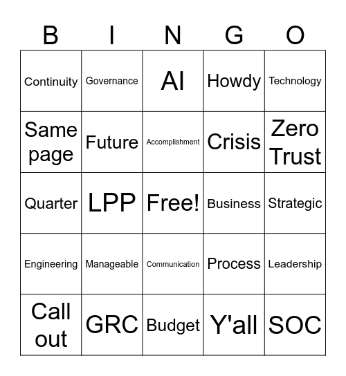 GRO Lingo Bingo Card