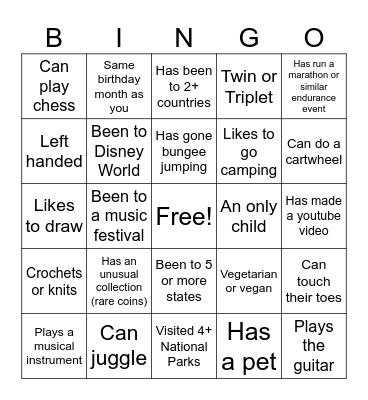 Youth Connections Day Camp Bingo Card