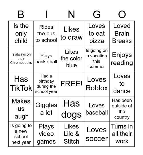 Last Day of School Bingo Card