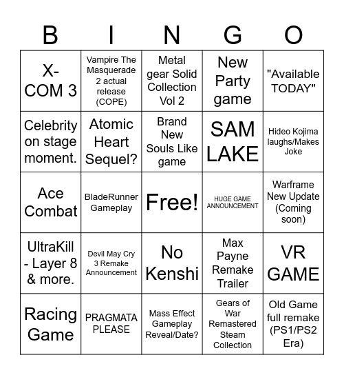 Summer Game Fest 2025 Bingo Card