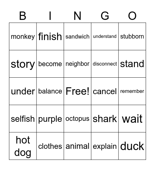 Sign Bingo Card