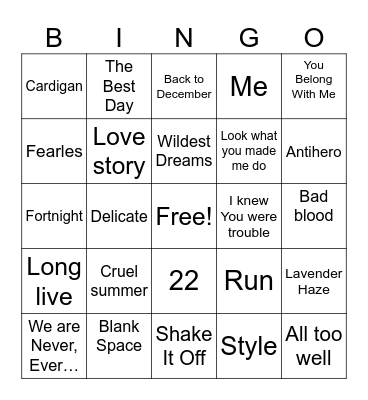 Taylor Swift Bingo Card