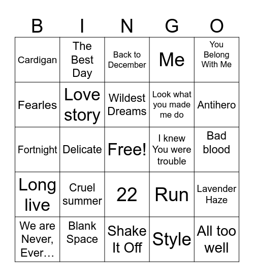 Taylor Swift Bingo Card