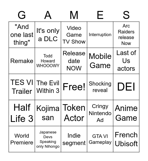 Summer Game Show Bingo Card