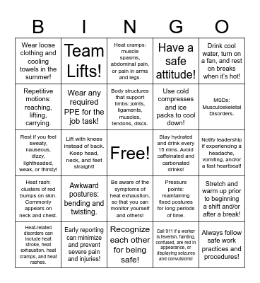Safety Bingo Card