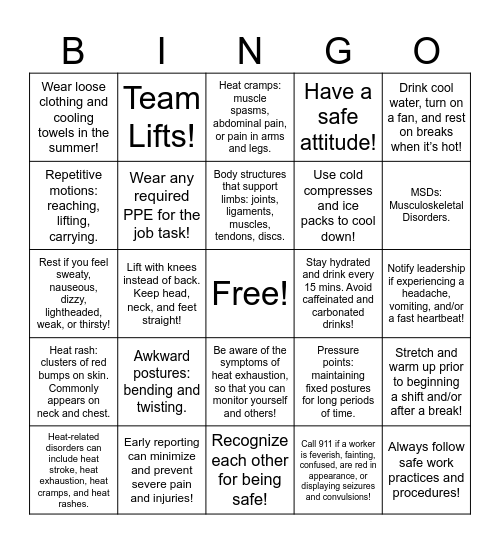 Safety Bingo Card