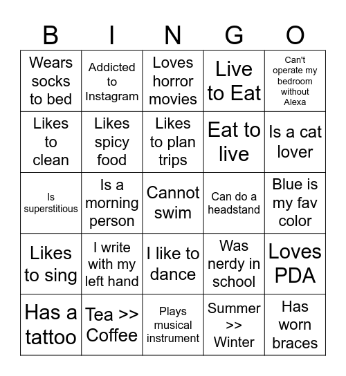 Let's know each other better! Bingo Card