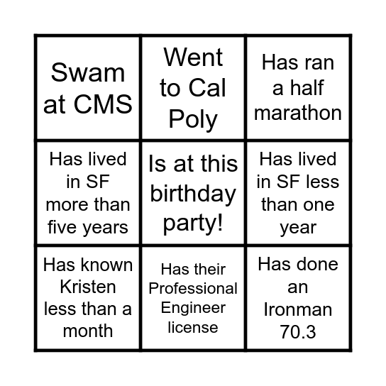 29th Birthday Bingo Card