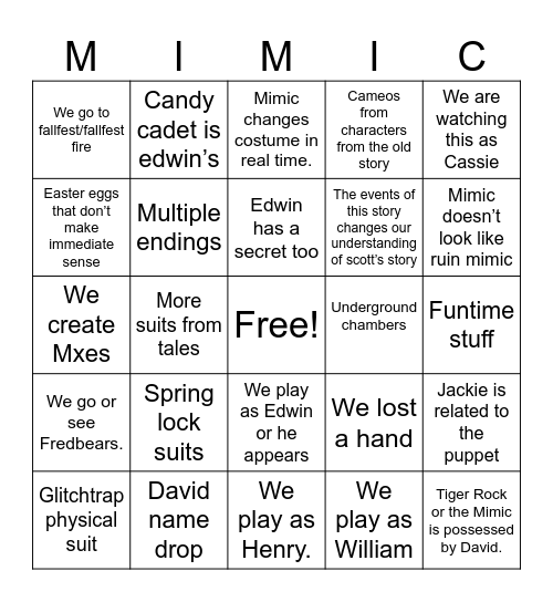 Secret of the Mimic bingo Card