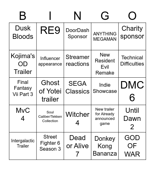 Summer Game Fest Bingo Card