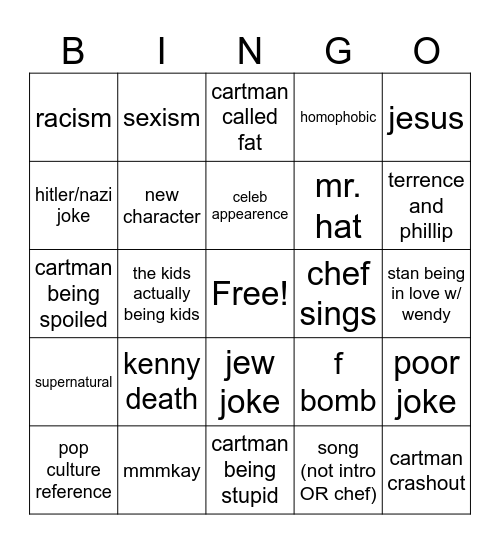 south park bingo Card