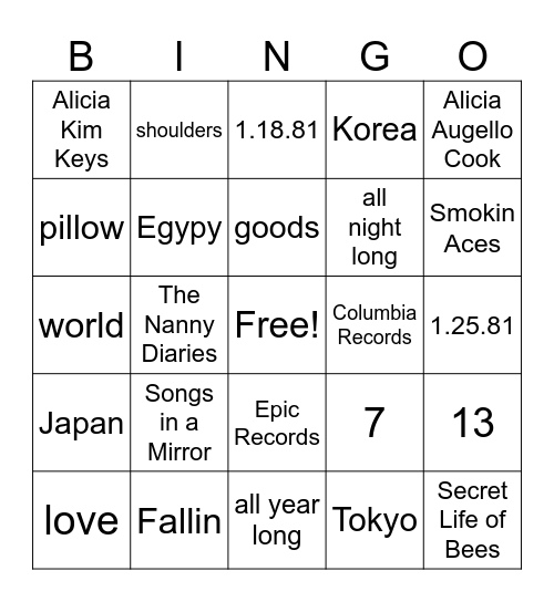 MTV Unplugged Alicia Keys Bingo Card
