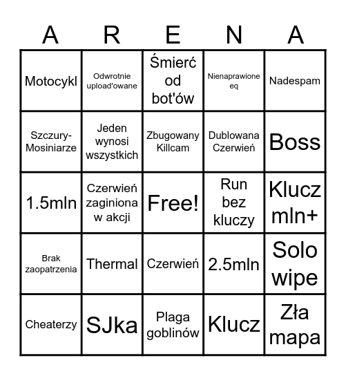 Arena Bingo Infinite Bingo Card