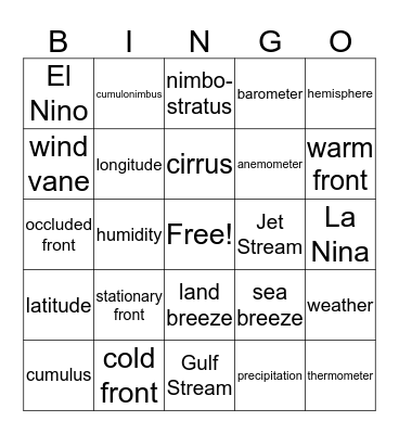 Weather Bingo Card