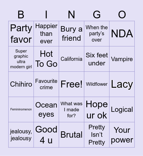 Billie Eilish, Chappell Roan & Olivia Rodrigo Bingo Card