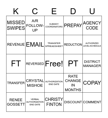 Transfer & Financial Workbooks Bingo Card