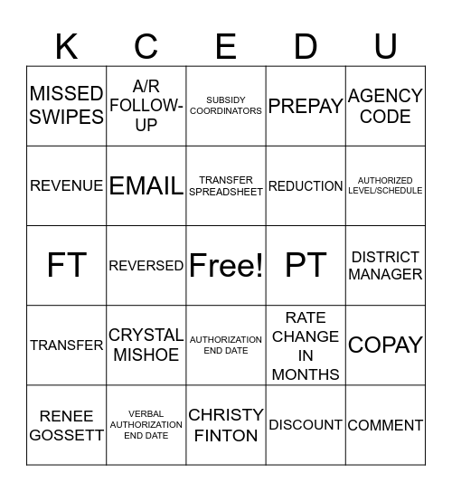 Transfer & Financial Workbooks Bingo Card