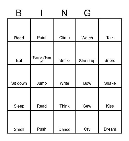 Action Verbs Bingo Card