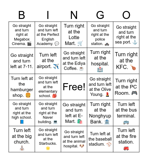 B7 U1 Directions in Korea Bingo Card